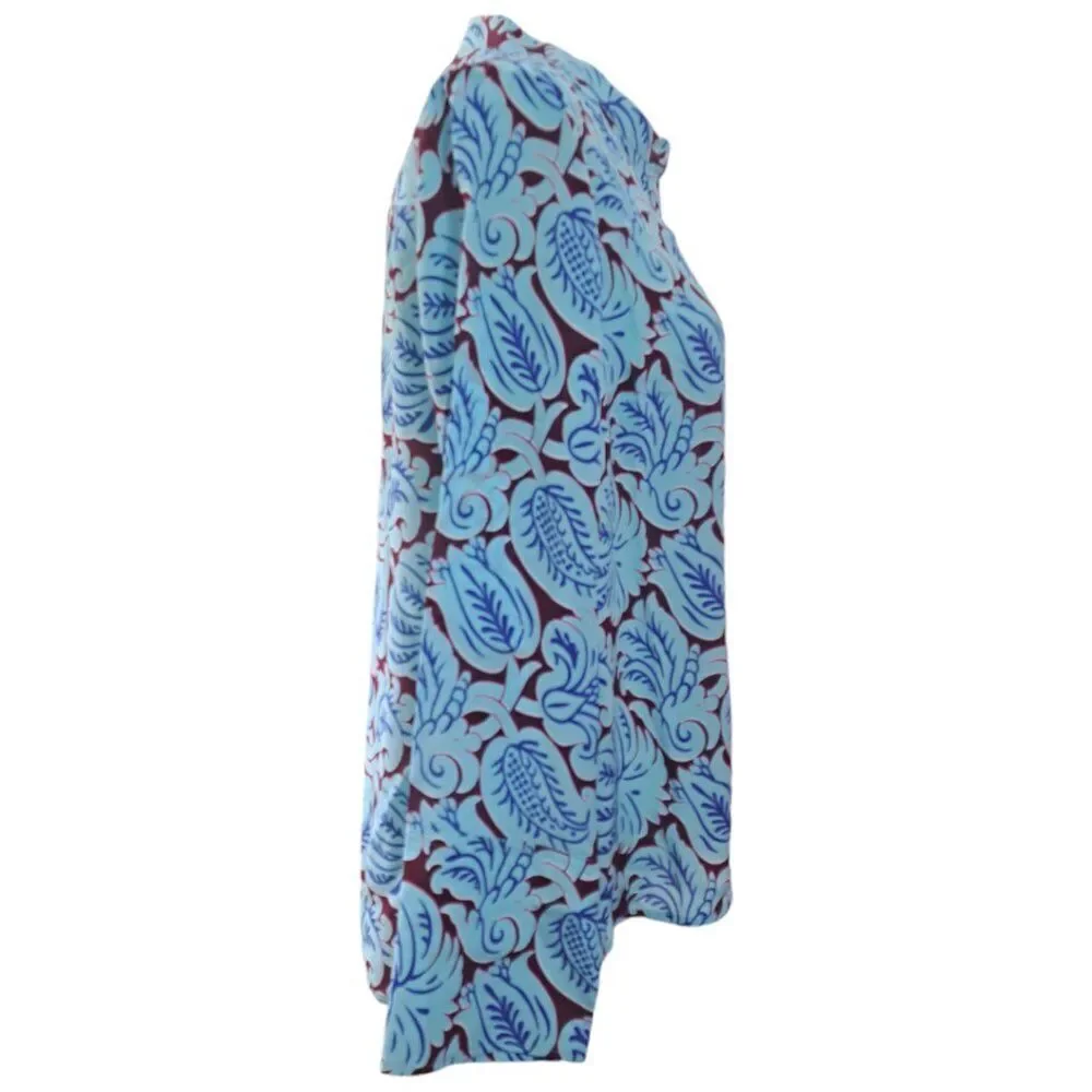 J.Crew Women's Printed Blue Silk Long Sleeves Tunic Top Side Slit Sz Small